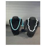 Turquoise Bead Necklace Set - 2 Long Necklaces & 1 Bracelet, Bright Sky Blue Stones