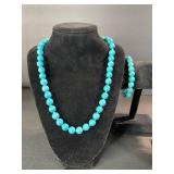 Turquoise Bead Necklace Set - 2 Long Necklaces & 1 Bracelet, Bright Sky Blue Stones