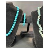 Turquoise Bead Necklace Set - 2 Long Necklaces & 1 Bracelet, Bright Sky Blue Stones