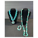Turquoise Heishi Bead Necklaces with Floral Pendant & Matching Bracelet