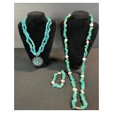 Turquoise Heishi Bead Necklaces with Floral Pendant & Matching Bracelet
