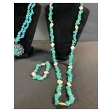 Turquoise Heishi Bead Necklaces with Floral Pendant & Matching Bracelet
