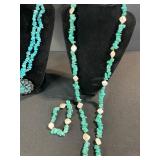 Turquoise Heishi Bead Necklaces with Floral Pendant & Matching Bracelet