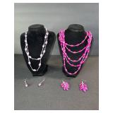 Beaded Necklaces & Earrings Set - Purple & Pink