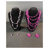 Beaded Necklaces & Earrings Set - Purple & Pink