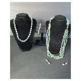 Jewelry Set: Emerald Green Bead & Pearl Necklaces, Bracelet, Earrings