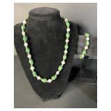 Jewelry Set: Emerald Green Bead & Pearl Necklaces, Bracelet, Earrings