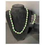 Jewelry Set: Emerald Green Bead & Pearl Necklaces, Bracelet, Earrings