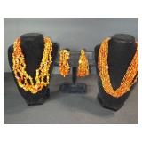 Orange Bead Necklace Set - Two Long Multi-Strand Necklaces with Earrings & Bracelet
