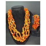 Orange Bead Necklace Set - Two Long Multi-Strand Necklaces with Earrings & Bracelet