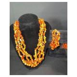 Orange Bead Necklace Set - Two Long Multi-Strand Necklaces with Earrings & Bracelet