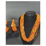 Orange Bead Necklace Set - Two Long Multi-Strand Necklaces with Earrings & Bracelet