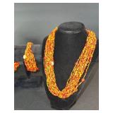 Orange Bead Necklace Set - Two Long Multi-Strand Necklaces with Earrings & Bracelet