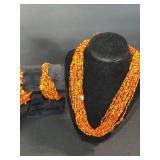 Orange Bead Necklace Set - Two Long Multi-Strand Necklaces with Earrings & Bracelet