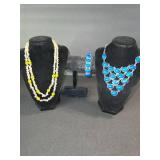 Blue Cabochon Necklace - Bracelet & Yellow Bead Crystal Necklace (Lot of 3)