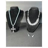 Turquoise Bead Necklaces with Cross Pendant - Ornate Bib Necklace & Earring Set