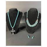Turquoise Bead Necklaces with Cross Pendant - Ornate Bib Necklace & Earring Set