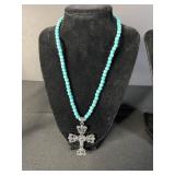 Turquoise Bead Necklaces with Cross Pendant - Ornate Bib Necklace & Earring Set