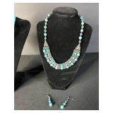 Turquoise Bead Necklaces with Cross Pendant - Ornate Bib Necklace & Earring Set