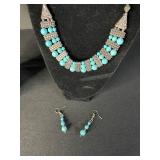 Turquoise Bead Necklaces with Cross Pendant - Ornate Bib Necklace & Earring Set