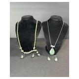 Green Bead Necklace & Earrings Set - Two Necklaces & Two Pairs of Earrings