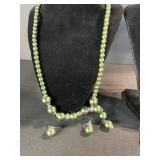 Green Bead Necklace & Earrings Set - Two Necklaces & Two Pairs of Earrings