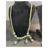 Green Bead Necklace & Earrings Set - Two Necklaces & Two Pairs of Earrings