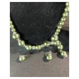 Green Bead Necklace & Earrings Set - Two Necklaces & Two Pairs of Earrings