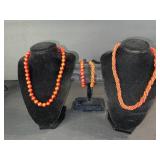 Orange Bead Necklace & Bracelet Set - 3-Piece Jewelry Collection