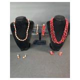 Red Bead Jewelry Set - 2 Necklaces, Bracelet & Earrings