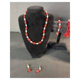 Red Bead Jewelry Set - 2 Necklaces, Bracelet & Earrings
