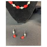 Red Bead Jewelry Set - 2 Necklaces, Bracelet & Earrings