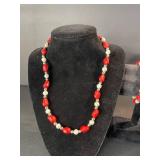 Red Bead Jewelry Set - 2 Necklaces, Bracelet & Earrings