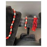 Red Bead Jewelry Set - 2 Necklaces, Bracelet & Earrings
