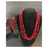 Red Bead Jewelry Set - 2 Necklaces, Bracelet & Earrings