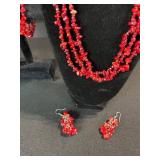 Red Bead Jewelry Set - 2 Necklaces, Bracelet & Earrings
