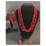 Red Bead Jewelry Set - 2 Necklaces, Bracelet & Earrings