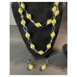 Olive Green Bead Necklace with Earrings - Lime Green Bead Necklace with Earrings