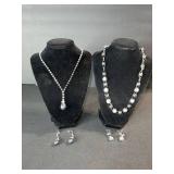 Silver-Tone Pearl Necklace Set with Drop Pendant - 2 Necklaces & 2 Pairs of Earrings