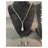 Silver-Tone Pearl Necklace Set with Drop Pendant - 2 Necklaces & 2 Pairs of Earrings