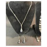 Silver-Tone Pearl Necklace Set with Drop Pendant - 2 Necklaces & 2 Pairs of Earrings
