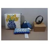 *3* Decorative Pillows and Cast Iron Sculpture
