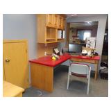 Office Red Desk and Wall Cabinet, Chair, Wood Table, and File Cabinet