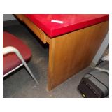 Office Red Desk and Wall Cabinet, Chair, Wood Table, and File Cabinet