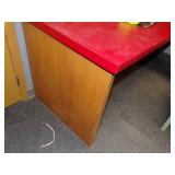 Office Red Desk and Wall Cabinet, Chair, Wood Table, and File Cabinet