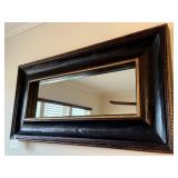 Leather Look Black Mirror Frame with Gold Trim - 31 x 16 in