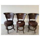 Vintage Carved Wood Chairs with Tooled Leather - Set of 3