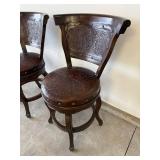 Vintage Carved Wood Chairs with Tooled Leather - Set of 3
