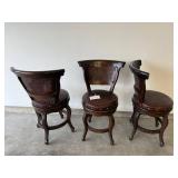 Vintage Carved Wood Chairs with Tooled Leather - Set of 3