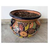 Colorful Ceramic Planter with Iron Stand - Floral Mosaic Motifs